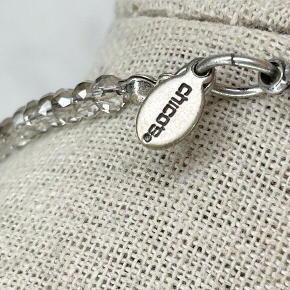 Chico's Silver Tone Metallic Beaded Station Rhinestone Long Necklace - Picture 5 of 6